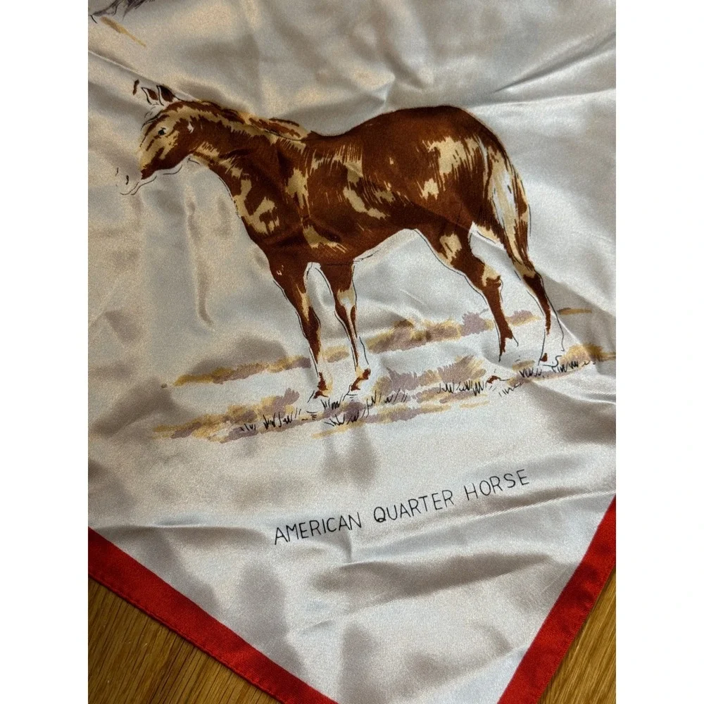 Vintage Horse Breeds Square Scarf Red White Equestrian Made in Japan 29x29